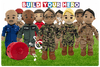 Customizable My Hero Dolls dressed in various uniforms with audio recorder on grass background.