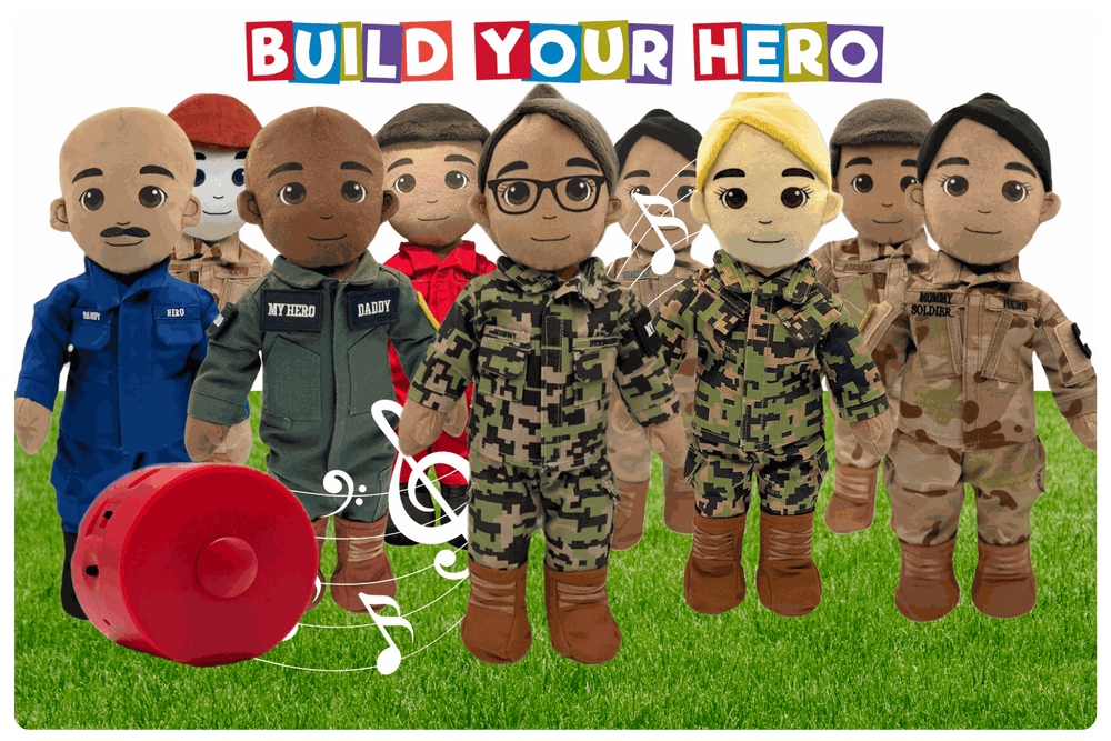 Customizable My Hero Dolls dressed in various uniforms with audio recorder on grass background.