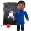 DARK SKIN DOLL WITH BLACK HAIR IN COAST GUARD UNIFORM WITH BLACK BACKPACK AND RECORDER