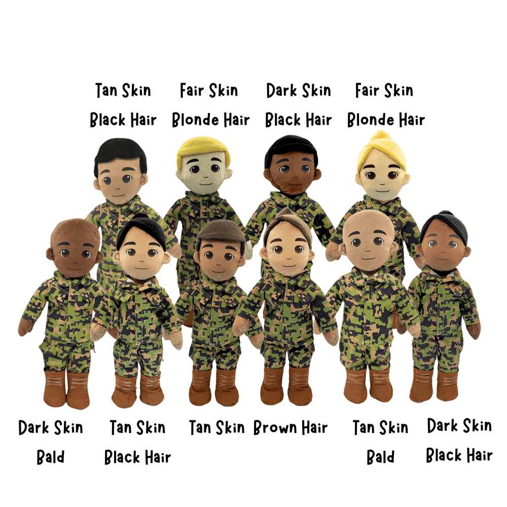 Daddy dolls for military children, recordable plush dolls with custom patches, perfect military deployment gift