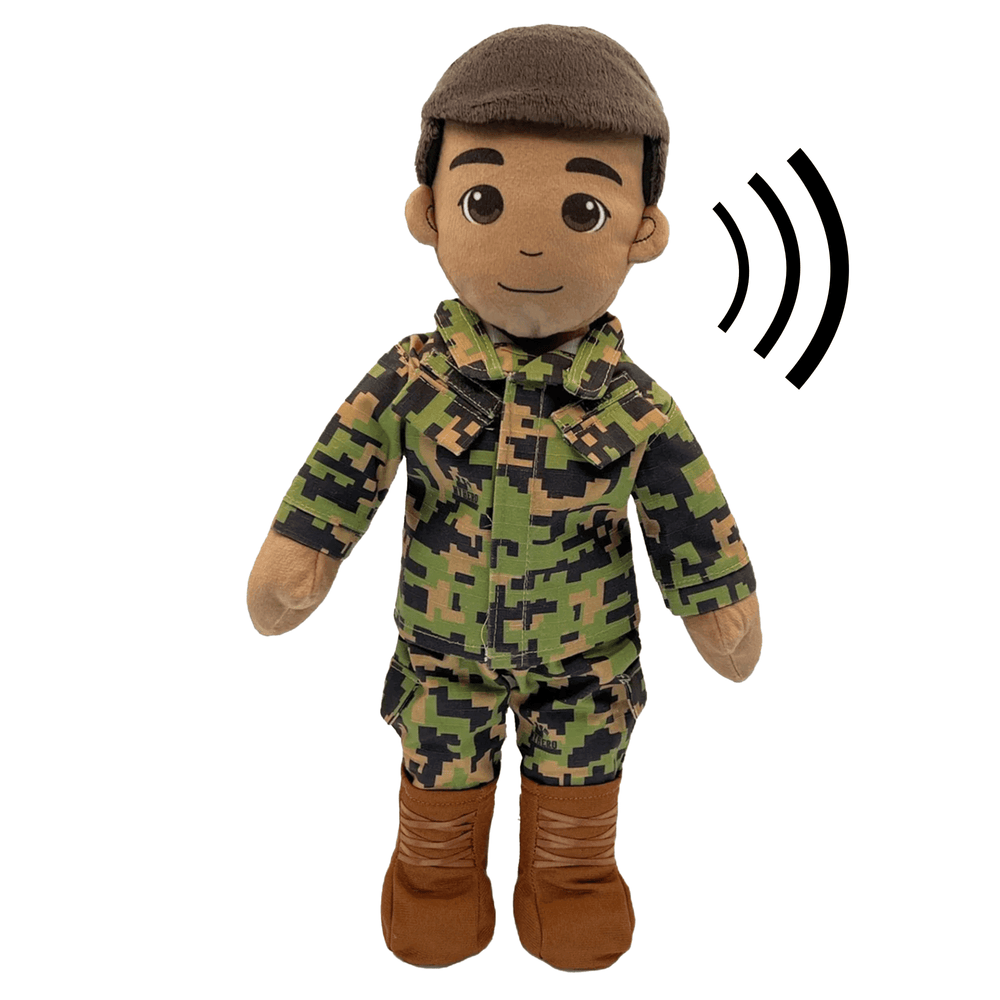 "Marine daddy doll in full uniform with voice recorder — recordable Marine Corps gift for kids during deployment"
