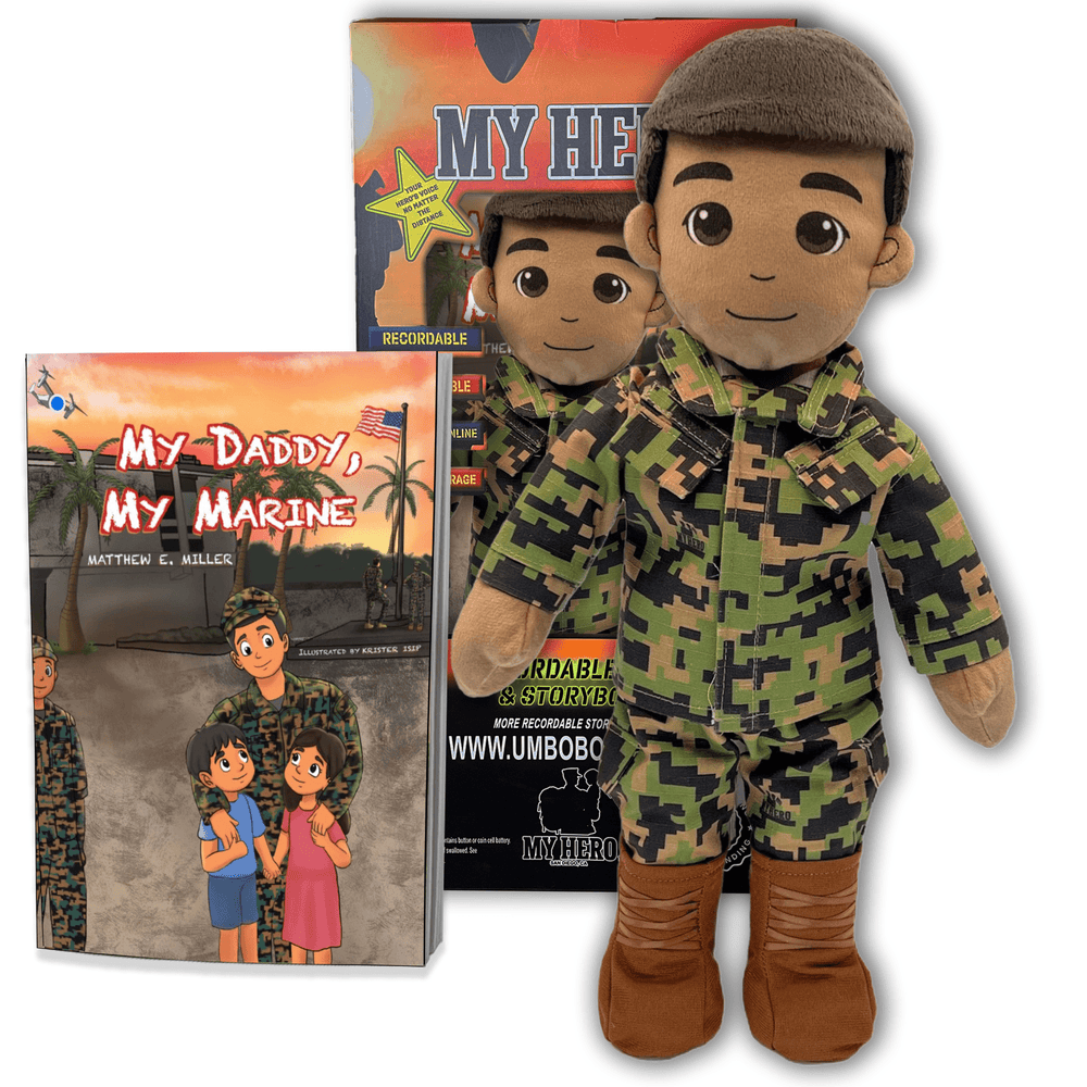 "Marine daddy doll in full uniform with voice recorder — recordable Marine Corps gift for kids during deployment"