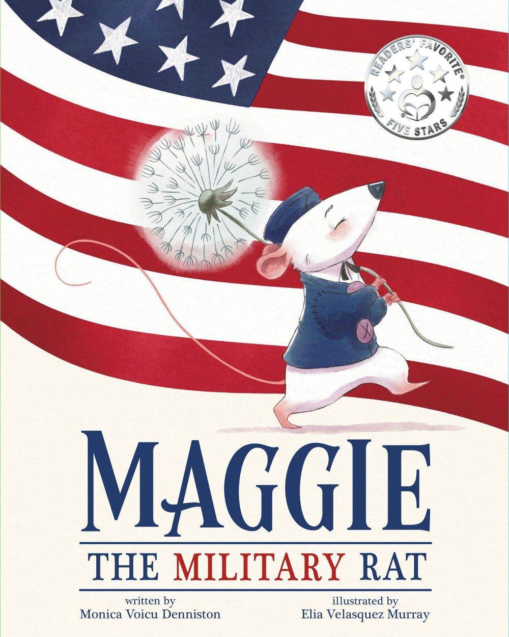 Maggie the Military Rat children's book cover featuring a patriotic rat with a dandelion and American flag background.