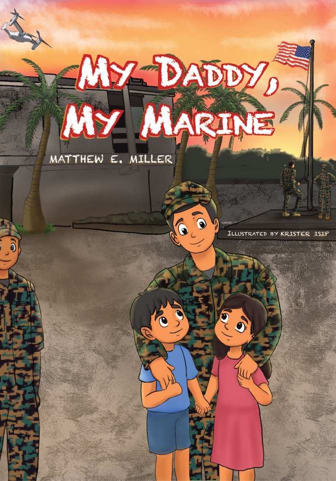 Children's book cover featuring a Marine in uniform with two children, titled "My Daddy, My Marine."