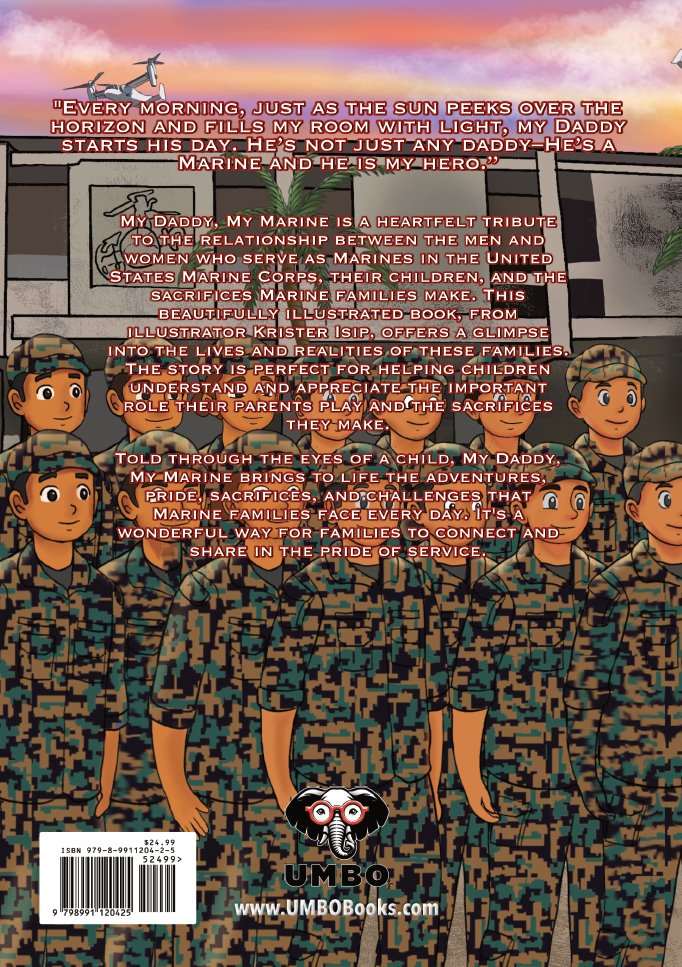 Illustration from a Marine Children's book showing marines in formation and an osprey flying overhead with font and a barcode
