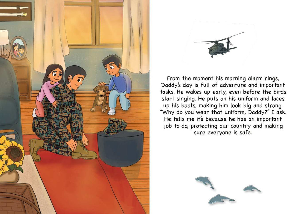 Illustration from a Marine Children's book of a marine getting ready with two children and dog