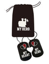 My Hero, My Heart deployment ID dog tag set with heart symbol, custom pouch, symbolizing connection during separation.