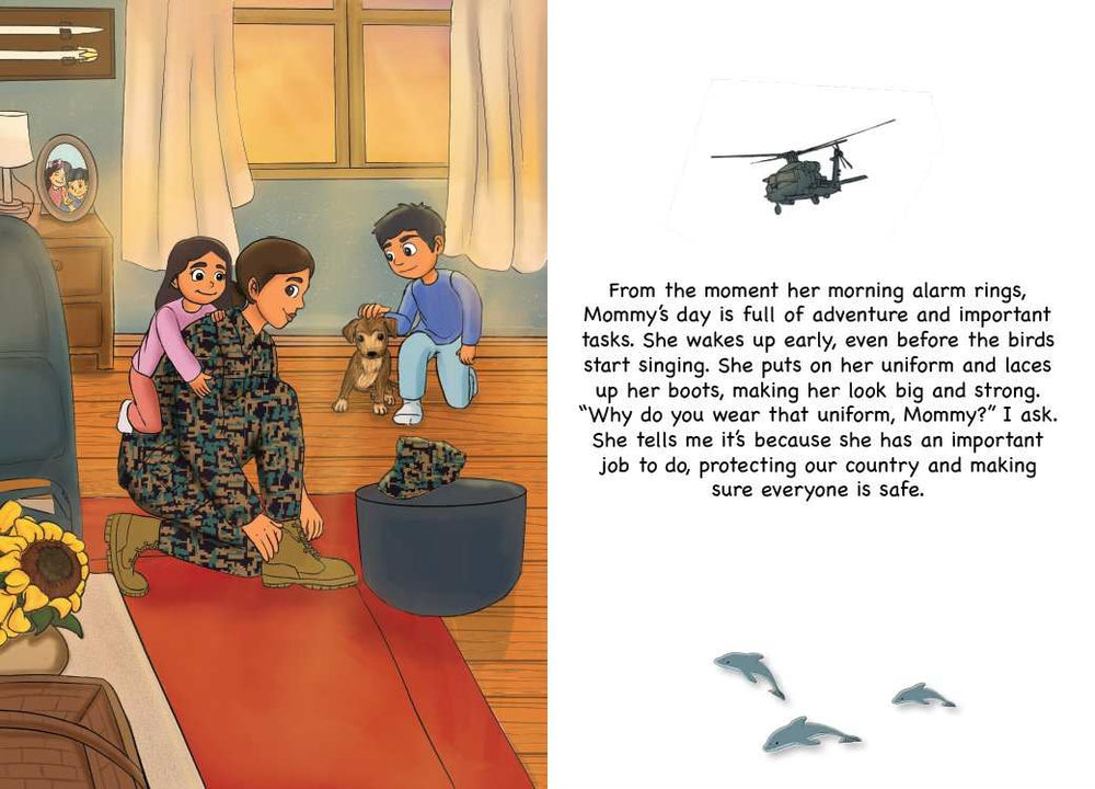 Illustration from a Marine Children's book showing a mother, her children, and their dog in the livingroom