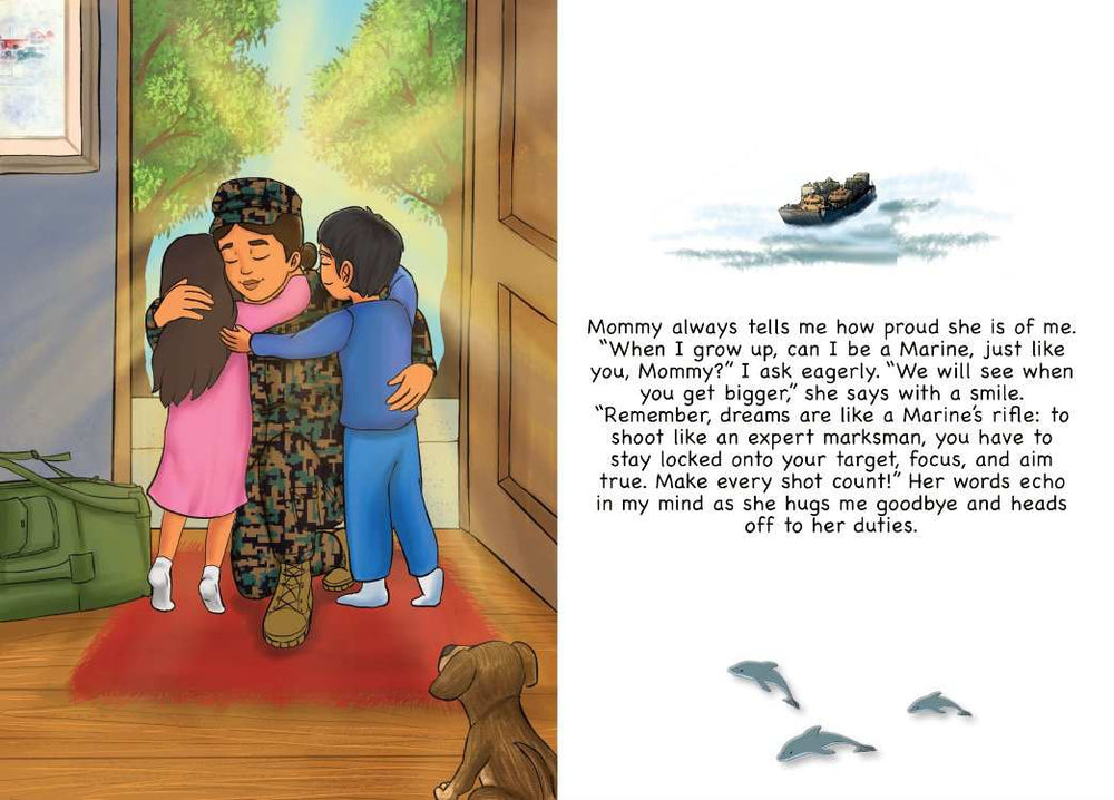 Illustration from a Marine Children's book showing a mother embracing her two kids before leaving for deployment
