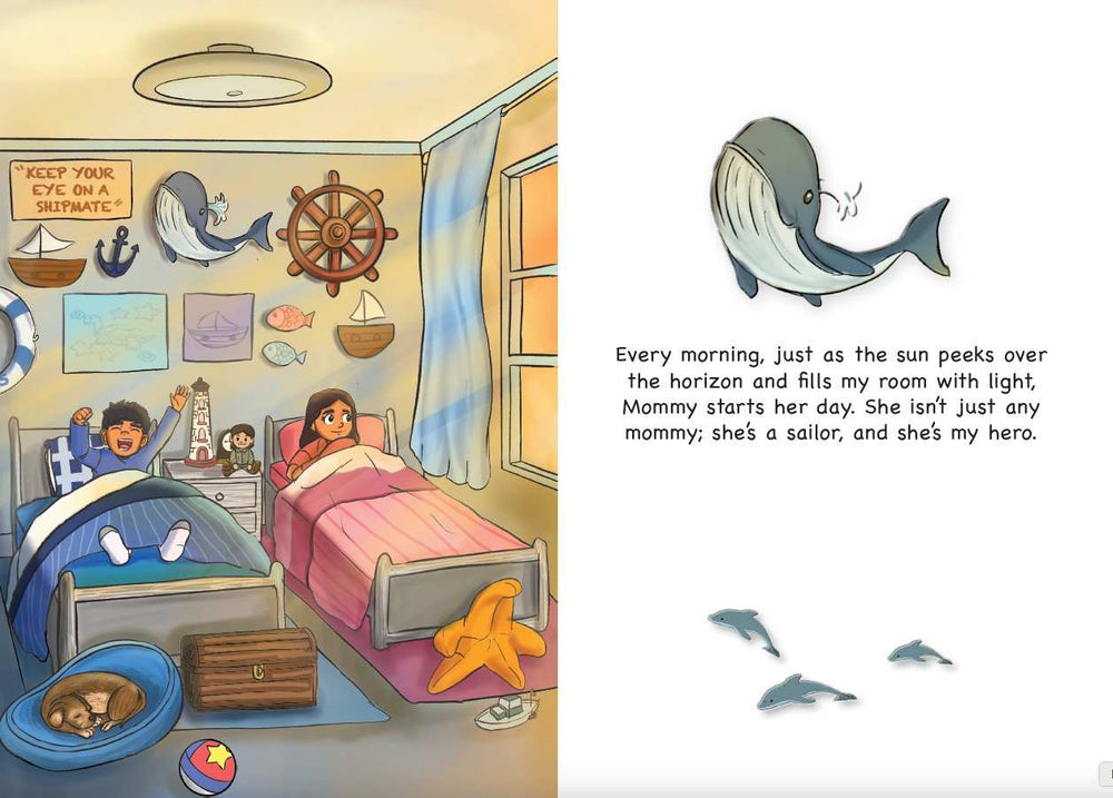 Illustration from a Navy children's book: two children waking up in the morning in a navy themed bedroom