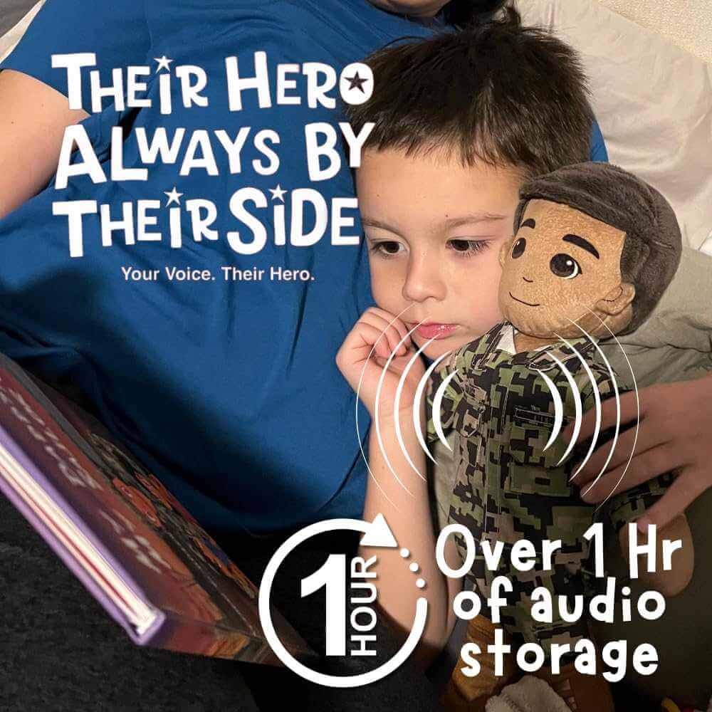 Child holding doll with text My Hero stays by their side  

