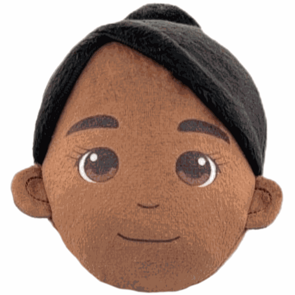 Cute plush doll face with brown skin and dark hair, perfect comfort toy for kids, especially army families.